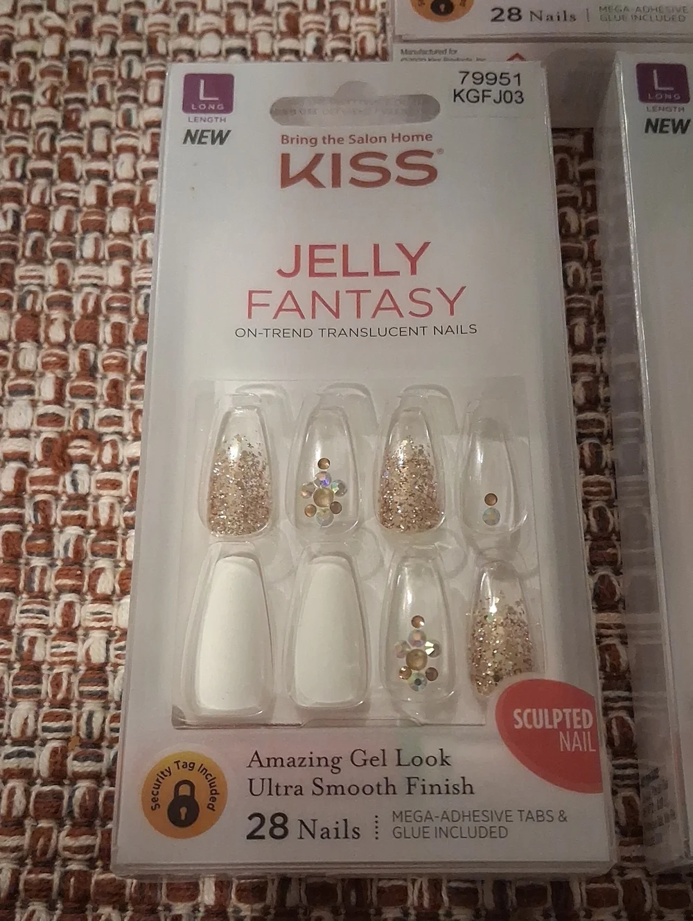 3 Boxes KISS Jelly Fantasy Nail Set - Gold Glitter Long Length